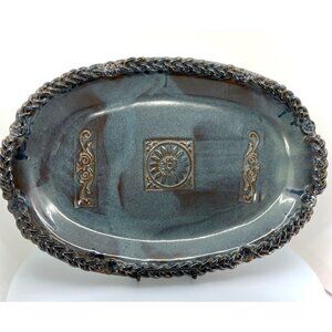 19" x 13" Blue and Brown Glazed Heavy Duty Serving Platter Braided 1" Rim